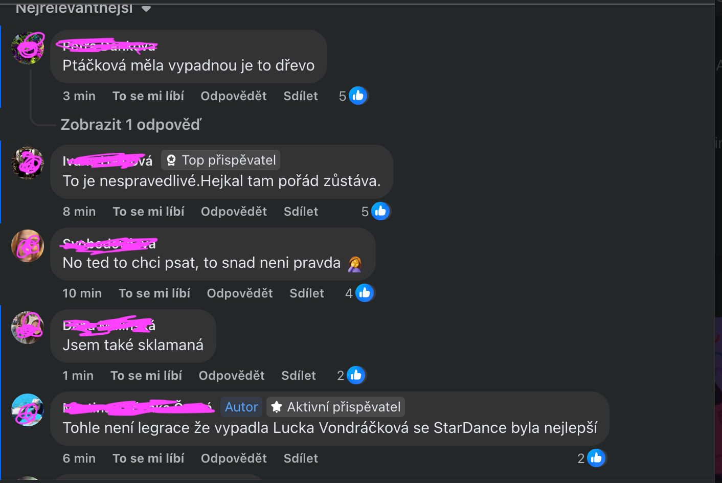 Komentáře směřující na adresu Martiny Ptáčkové.